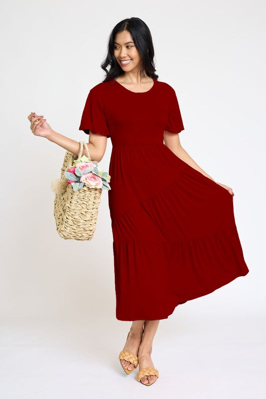 Solid Diagonal Tiered Flowy Dress-7 Colors