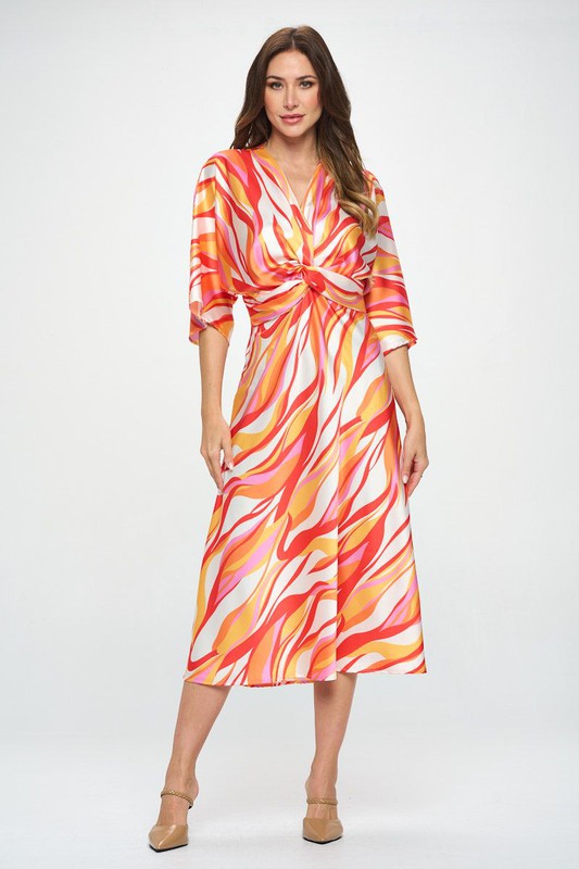 Renee C Front Twist Multi Color Print Satin Dress-Orange