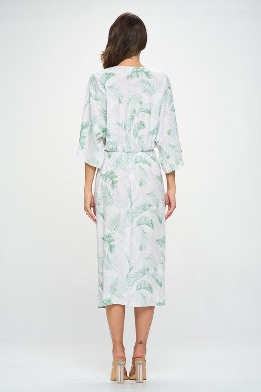 Renee C Tropical Leaf Print Kimono Dress with Front Twist