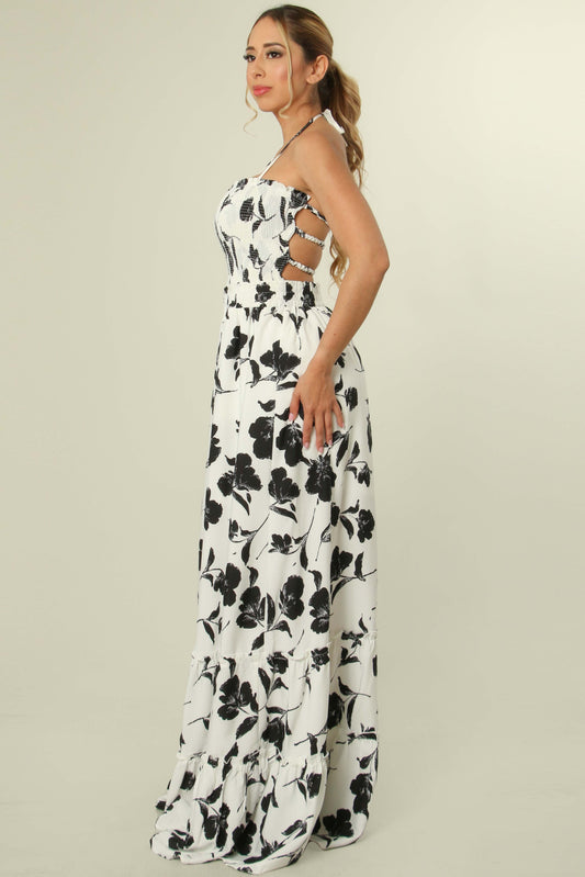 Black Flower Tiered Bottom Halter Maxi Dress