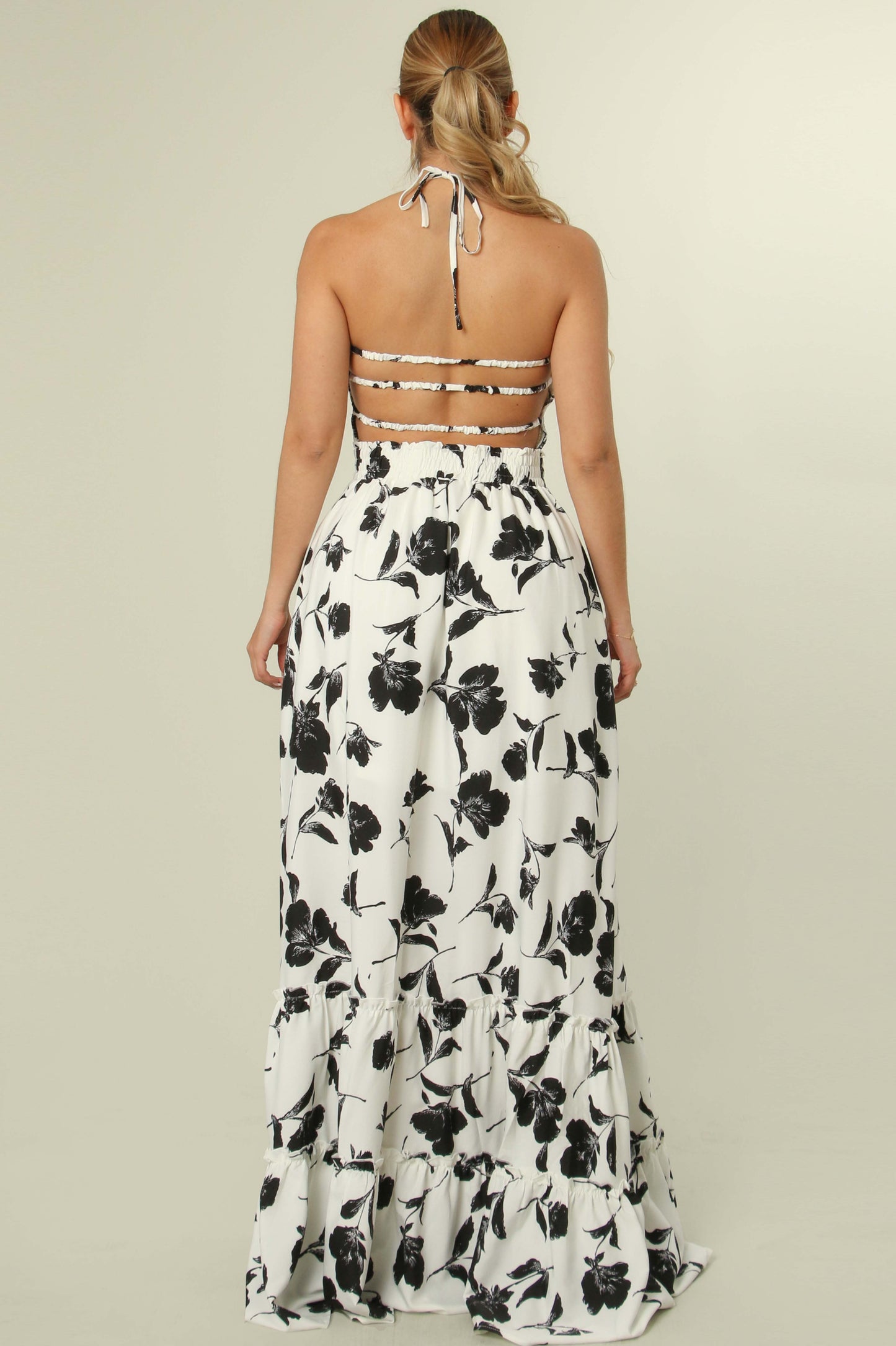 Black Flower Tiered Bottom Halter Maxi Dress