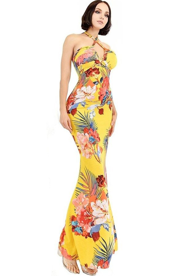 Floral Print Halter Neck Maxi Dress- Yellow