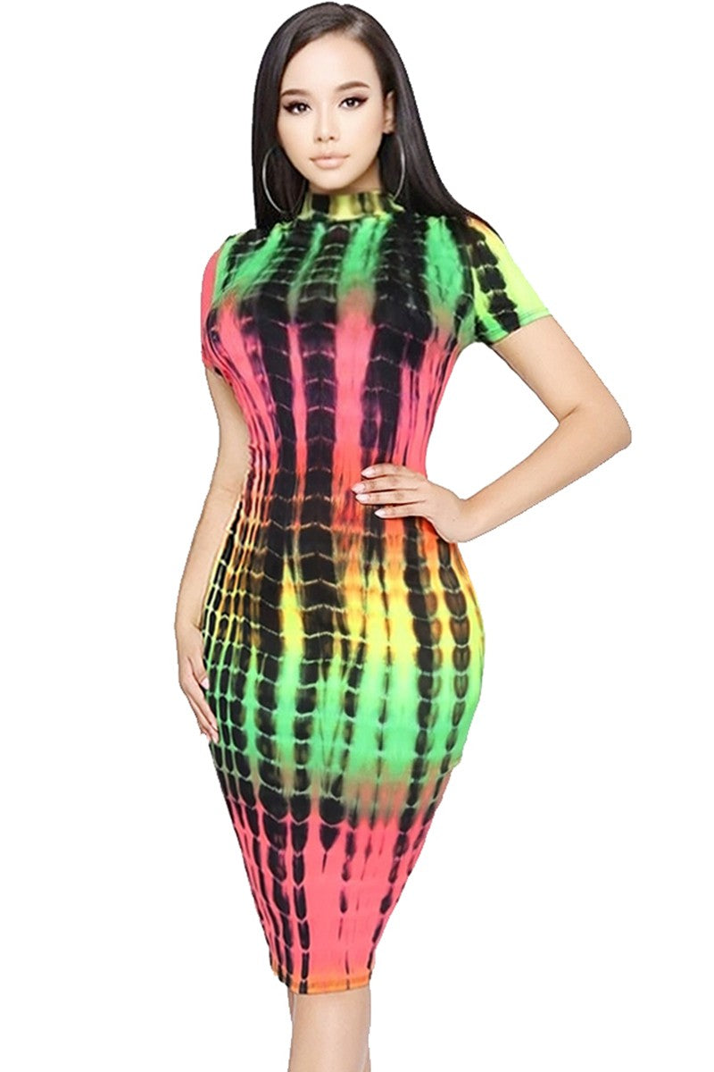 Vestido na altura do joelho com estampa tie-dye neon perto do padrão Rasta