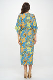 Leaf Print Kimono Dress with Front Twist