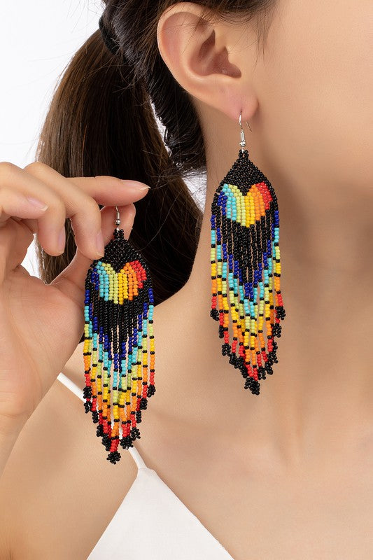 Rainbow Heart Drop Seed Bead Earrings- Black or White