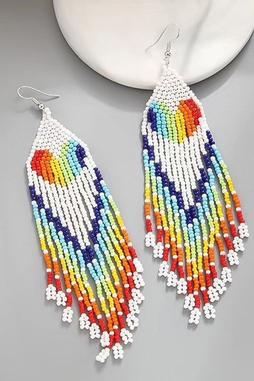 Rainbow Heart Drop Seed Bead Earrings- Black or White