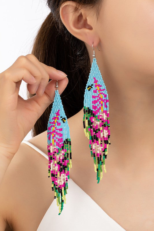 Blue & Fuchsia Flower Seed Bead Drop Earrings