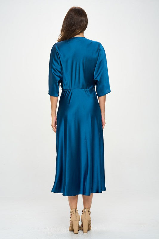 Renee C Satin Stretch Solid Dress with Front Twist- Full Teal