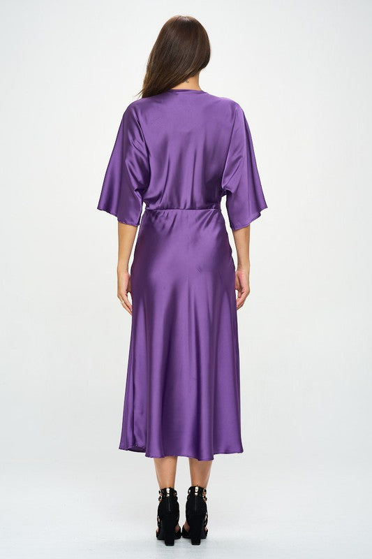 Renee C Satin Stretch Solid Dress with Front Twist-Purple
