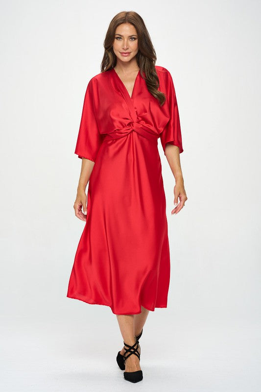 Renee C Satin Stretch Solid Dress with Front Twist-Red