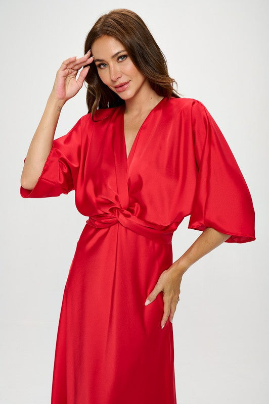 Renee C Satin Stretch Solid Dress with Front Twist-Red