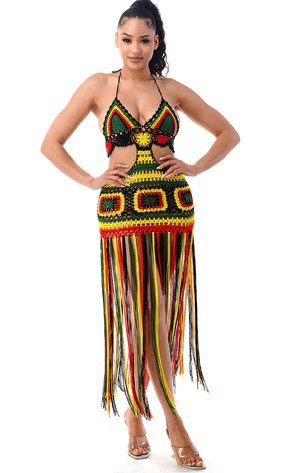 Reggae Rasta Halter Neck Fringe Crochet Coverup Swimwear Dress