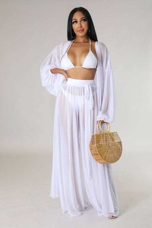 Sheer Cardigan & High Waist Pants Coverup Set