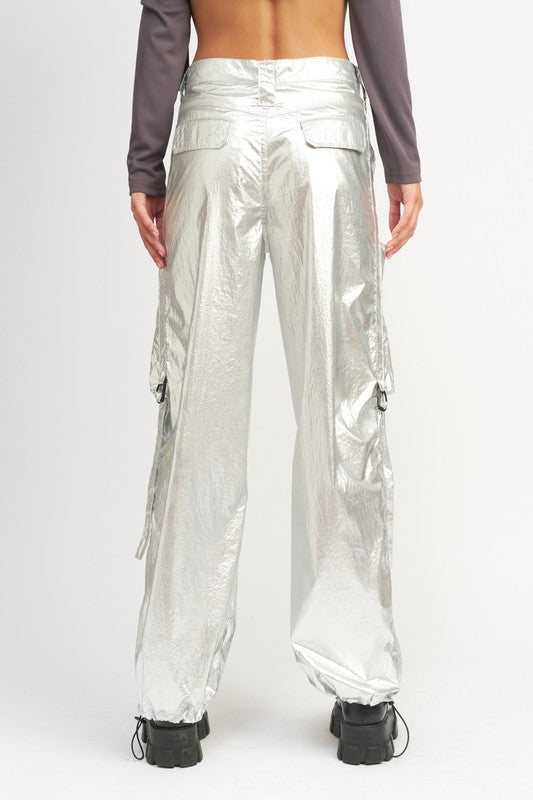 METALLIC SILVER CARGO PANTS