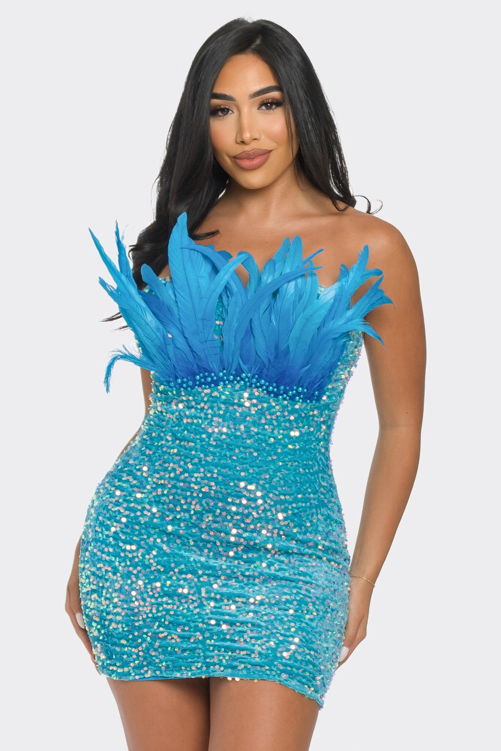Feather & Pearl Sequin Aqua Mini Dress S&E Retail Expo Feather & Pearl Sequin Aqua Mini Dress S&E Retail Expo
