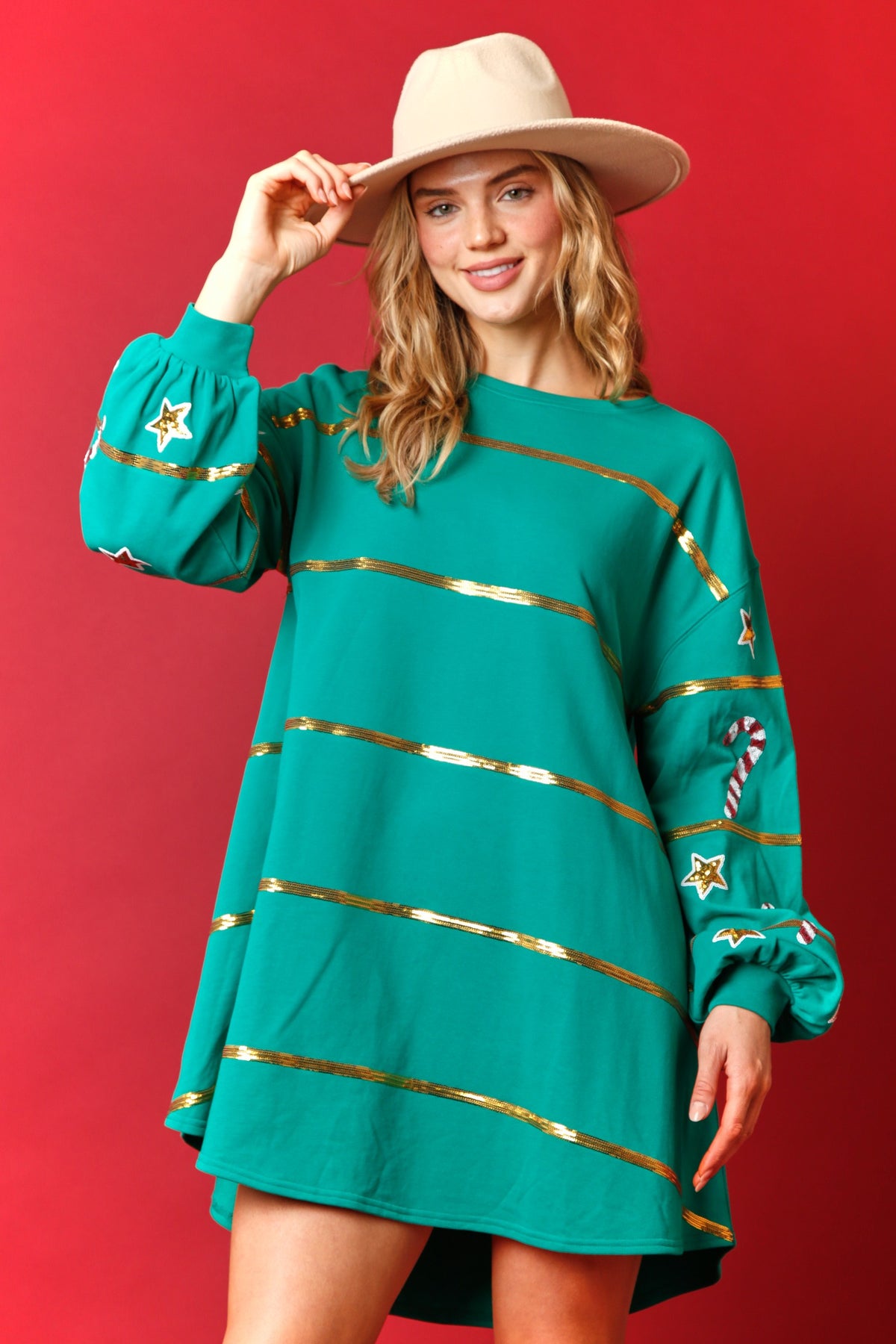Sequin Christmas Stripe French Terry Sweatshirt Dress- Green