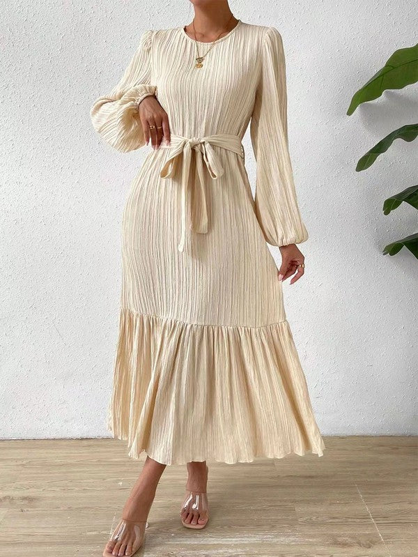 Long Sleeve Pleated Midi Dress- 2 Colors