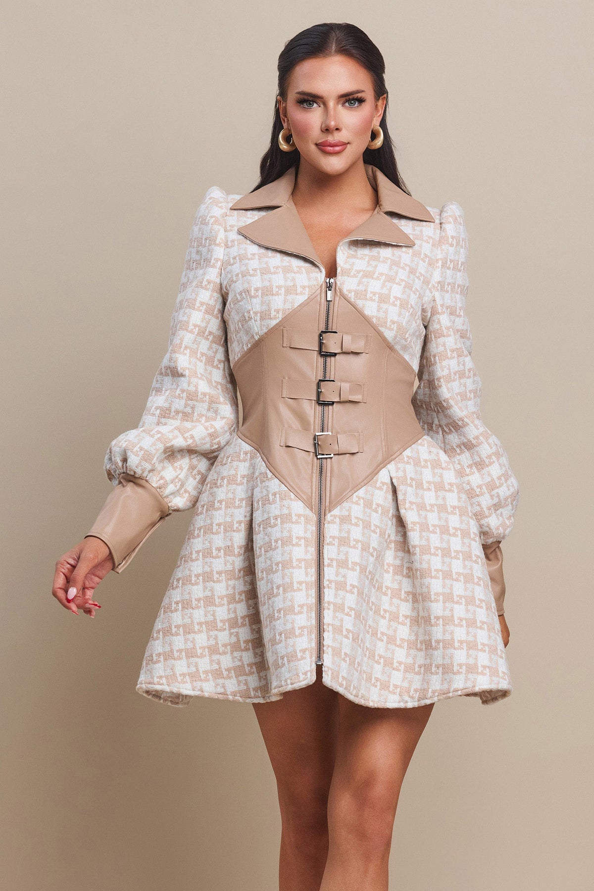 Leather on Tweed Flare Mini Flare Dress Jacket- Taupe