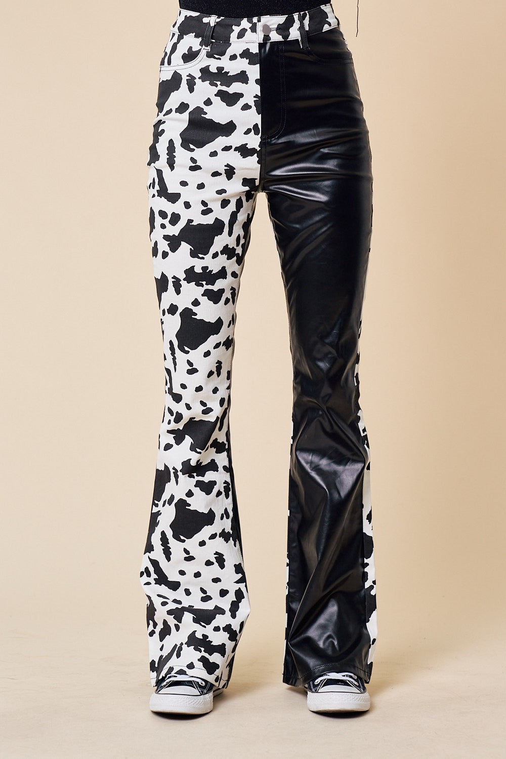 Tow-Toned Cow Print Leather/Denim Pants