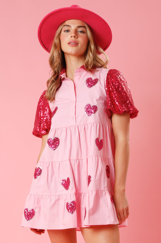 Contrast Sequin Hearts Tiered Mini Dress 0