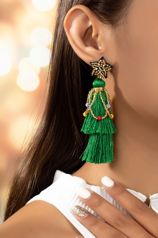 Seed Bead Star & Tassel Xmas Tree Drop Earrings