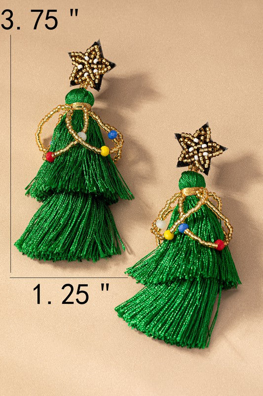 Seed Bead Star & Tassel Xmas Tree Drop Earrings
