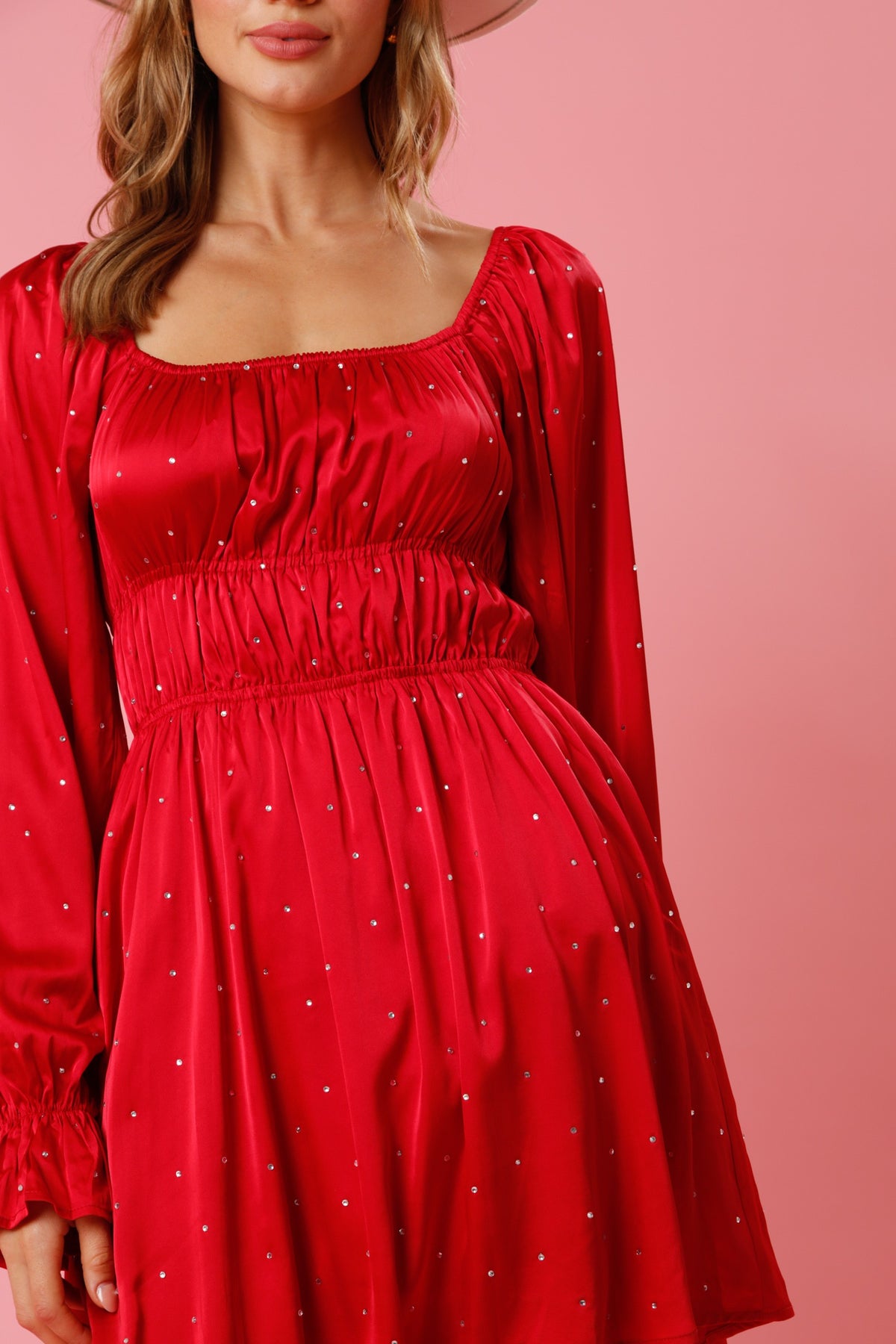 Red Satin & Rhinestone Flow Dress-Red