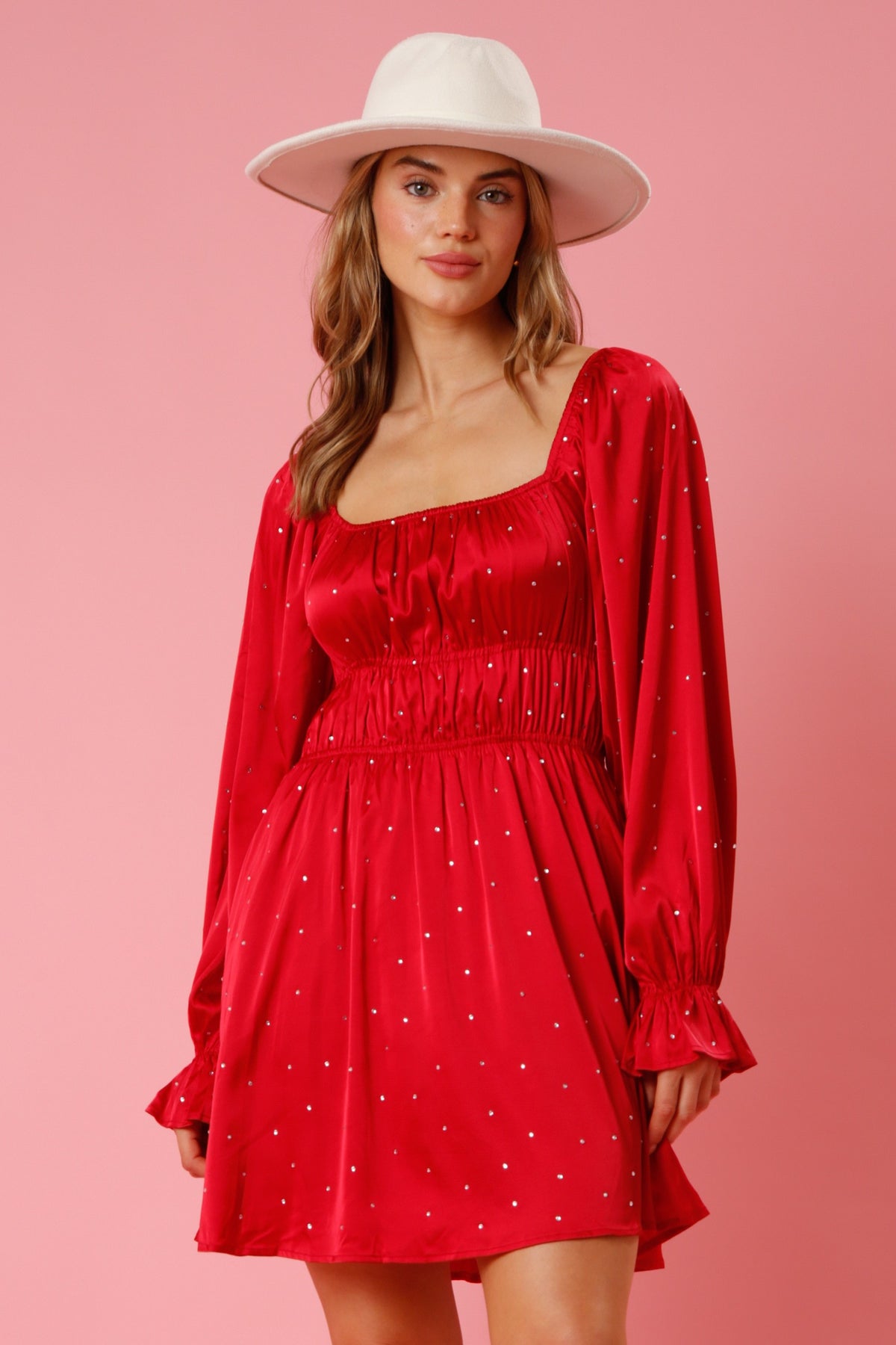 Red Satin & Rhinestone Flow Dress-Red