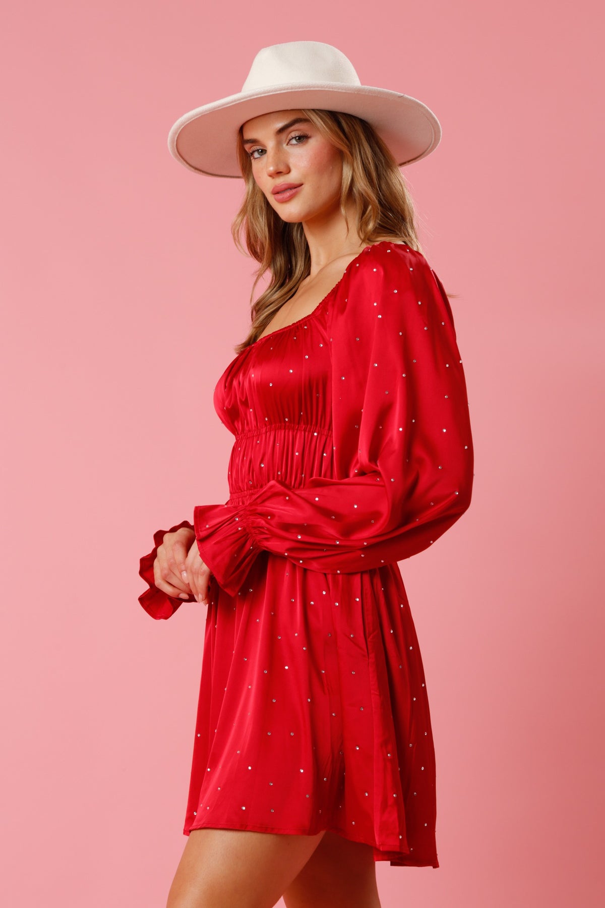 Red Satin & Rhinestone Flow Dress-Red