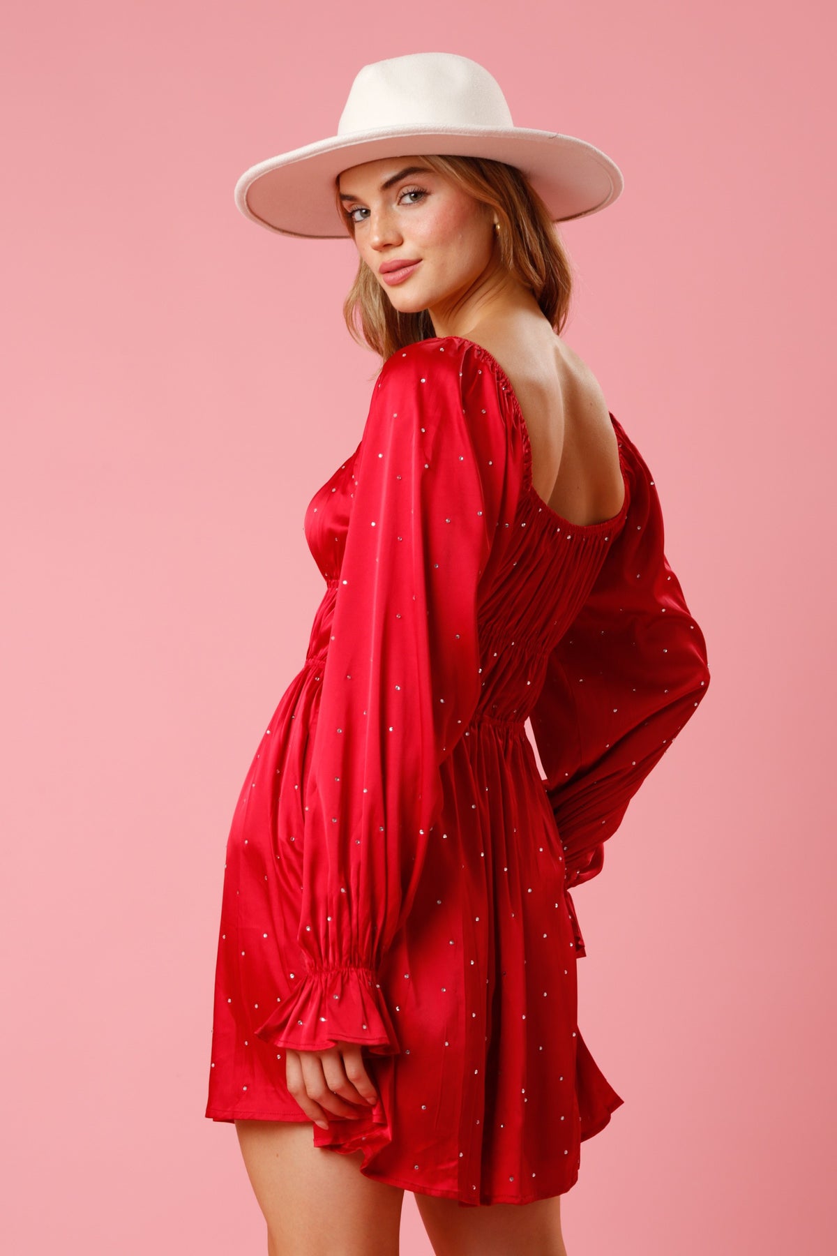 Red Satin & Rhinestone Flow Dress-Red