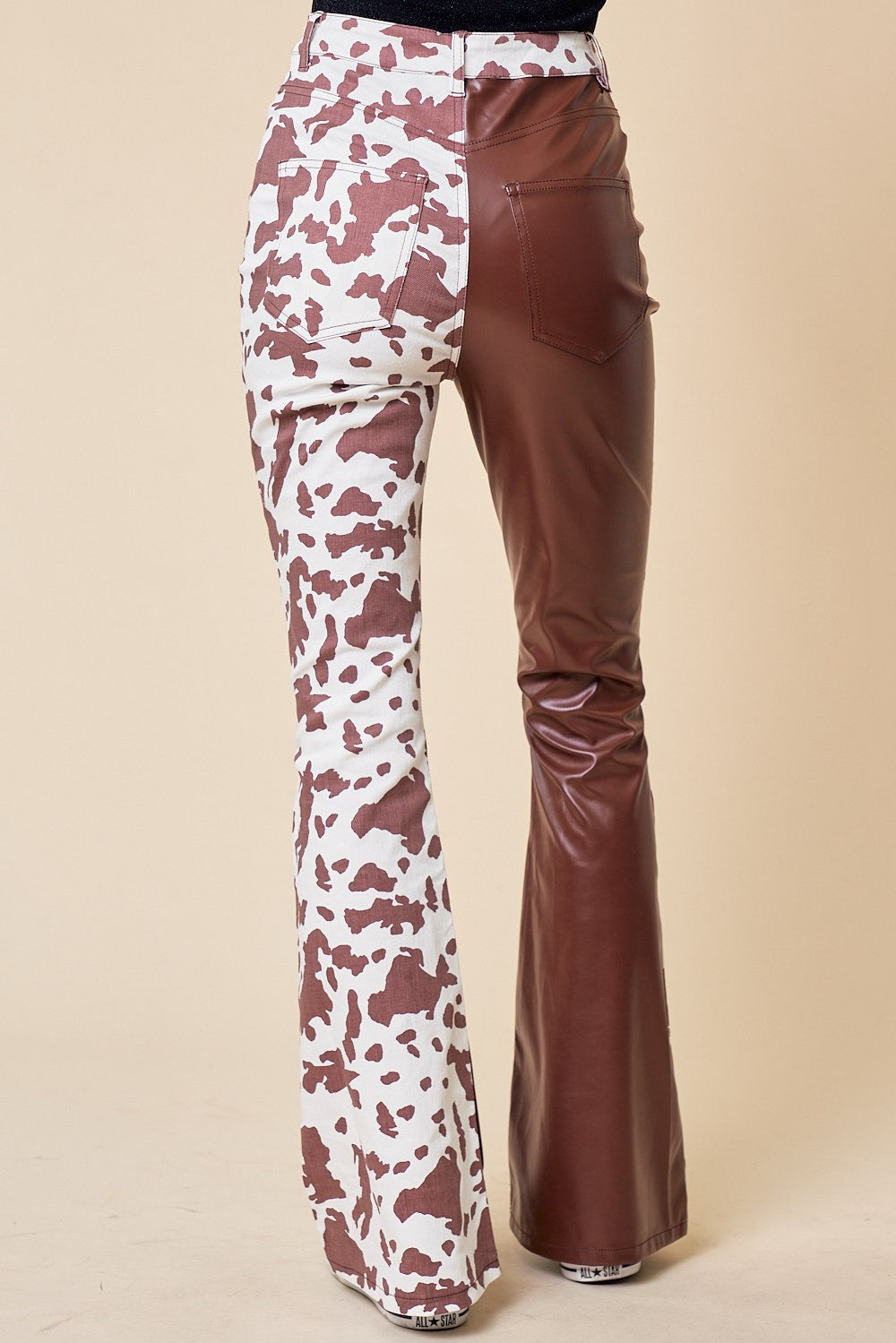 Tow-Toned Cow Print Leather/Denim Pants