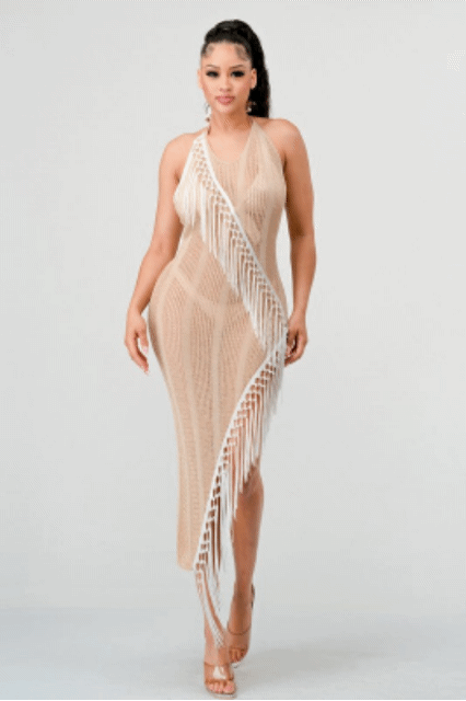 CONJUNTO DE SAÍDA DE PRAIA DE CROCHÊ COM FRANJAS