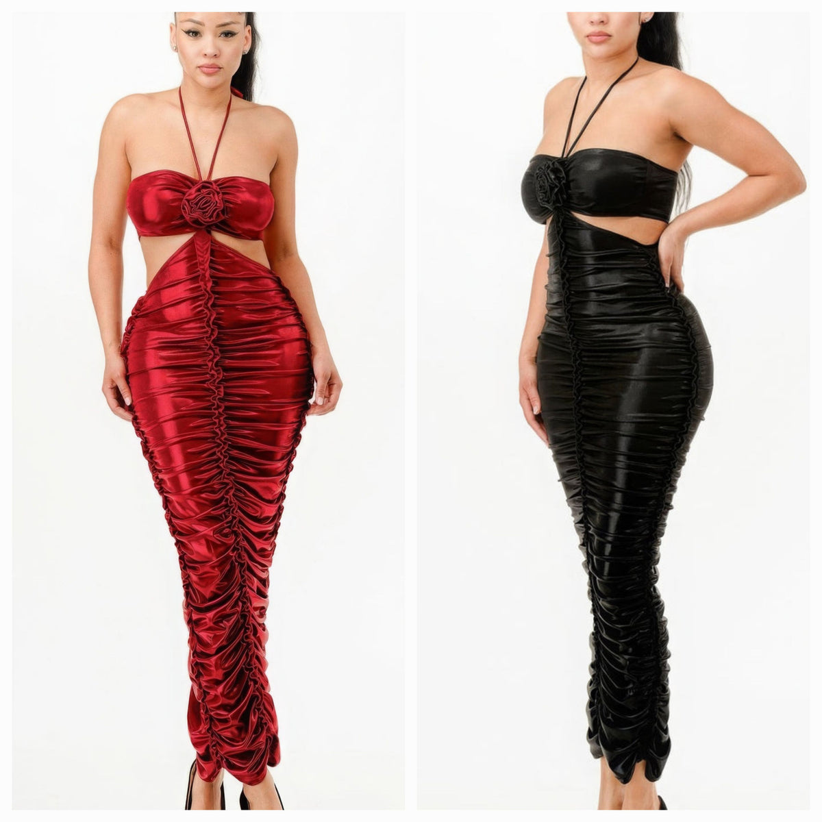 Vestido Halter Drapeado Metalizado com Flor 3D