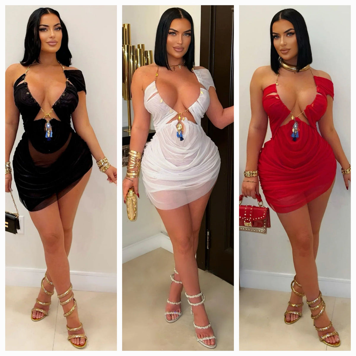 Mesh Halter Mini Chain Jeweled Dress/Lingerie