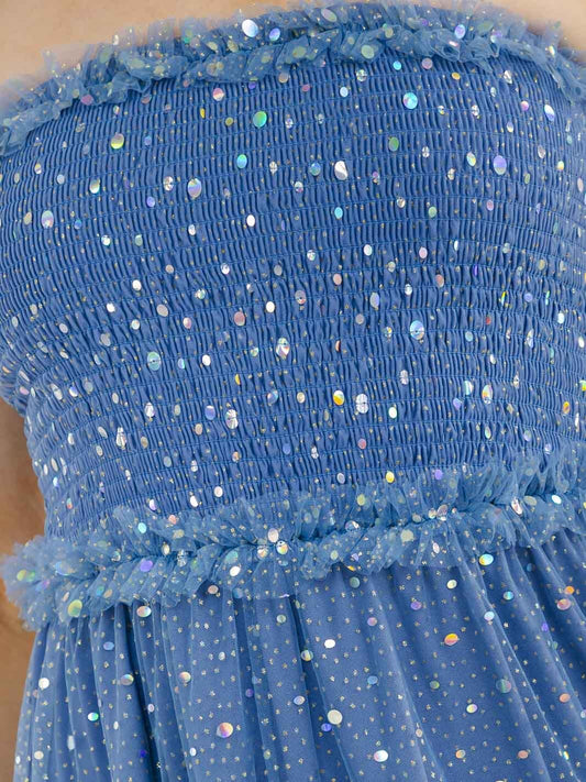Women's Sleeveless Smock Tiered Ruffle Sequins Tube Maxi Dress- Blue
