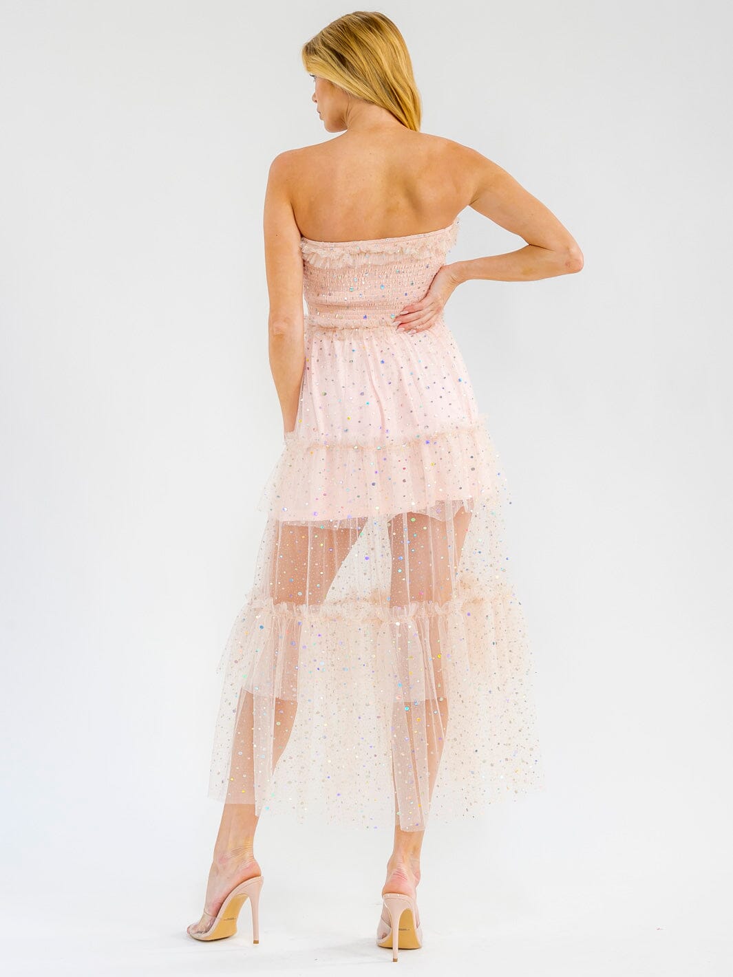 Women's Sleeveless Smock Tiered Ruffle Sequins Tube Maxi Dress- Pink