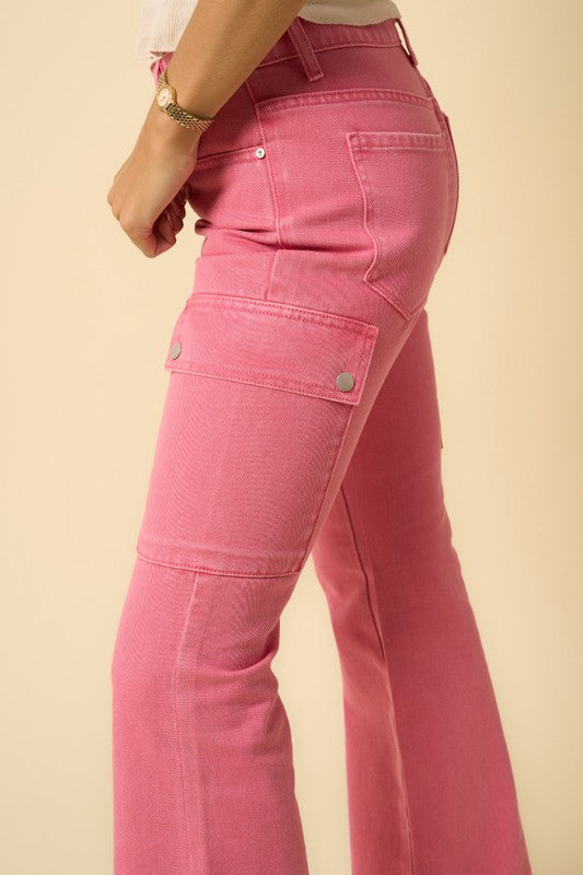 DUSTY PINK COLOR CARGO SLIM BOOT PANTS