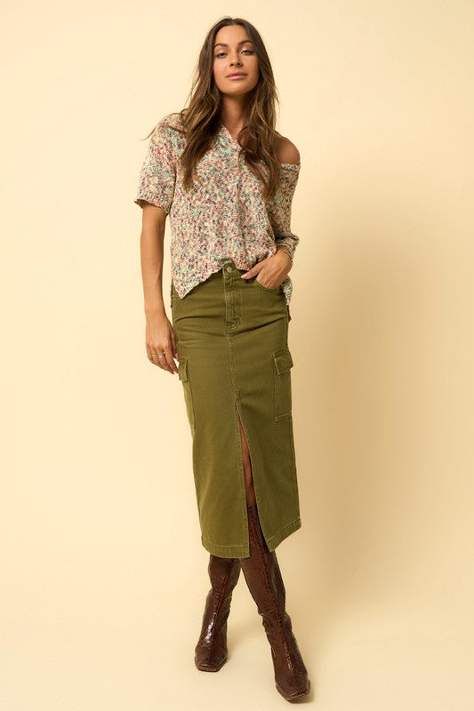 TRUE OLIVE COLOR CARGO MIDI SKIRT