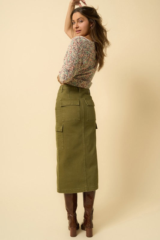 TRUE OLIVE COLOR CARGO MIDI SKIRT