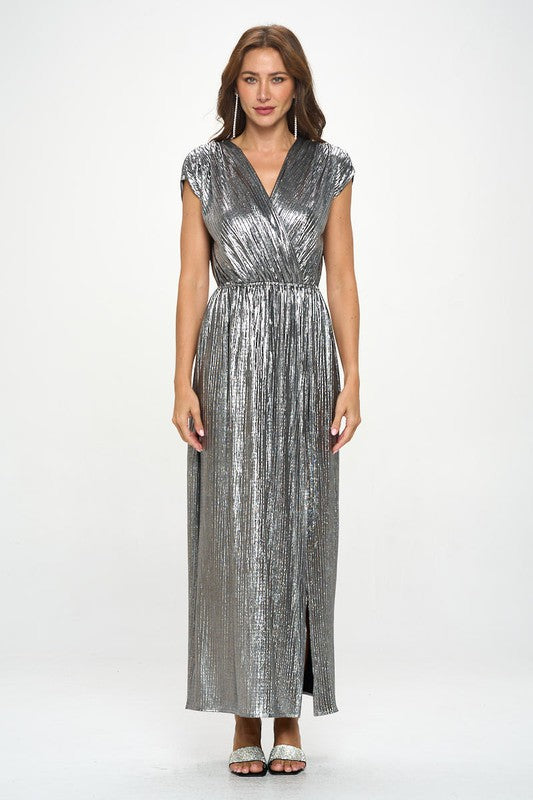 Renee C Sleeveless Silver Metallic Maxi Dress