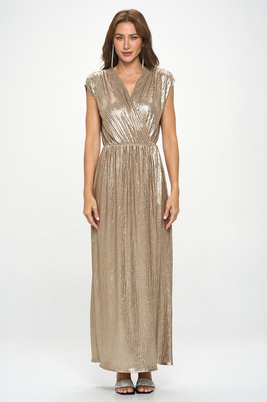 Renee C Sleeveless Gold Metallic Maxi Dress