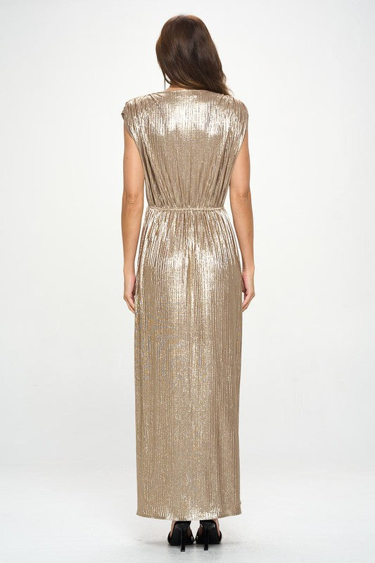 Renee C Sleeveless Gold Metallic Maxi Dress