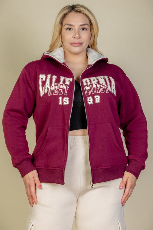 Plus Size Graphic Drop Shoulder Zipper Up Hoodie- 4 Colors