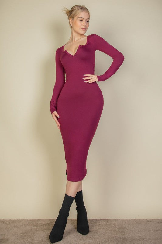 Split Neck Long Sleeve Midi Dress-10 Colors