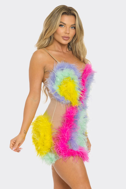 Rainbow Ostrich Feather Mini Dress
