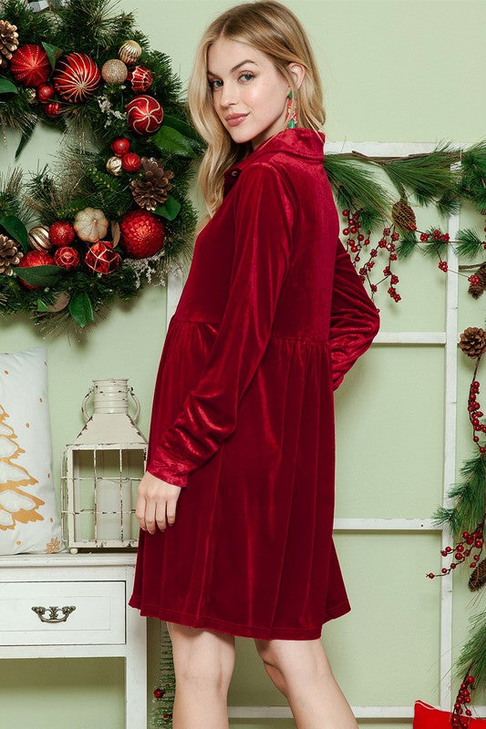 Button Down Velvet Long Sleeve Dress- 2 Colors