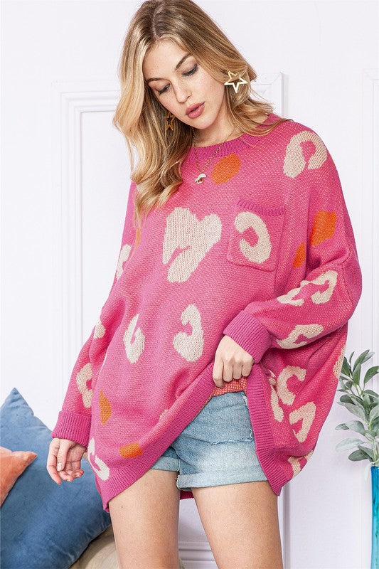 Pink Leopard Dolman Sleeve Oversized Sweater