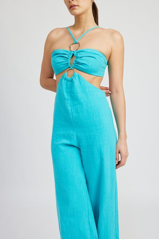 TURQUOISE DOUBLE O RING CUT OUT JUMPSUIT