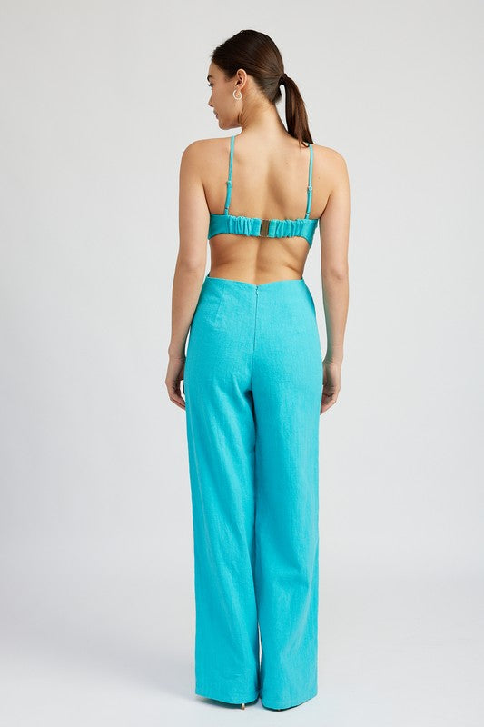 TURQUOISE DOUBLE O RING CUT OUT JUMPSUIT