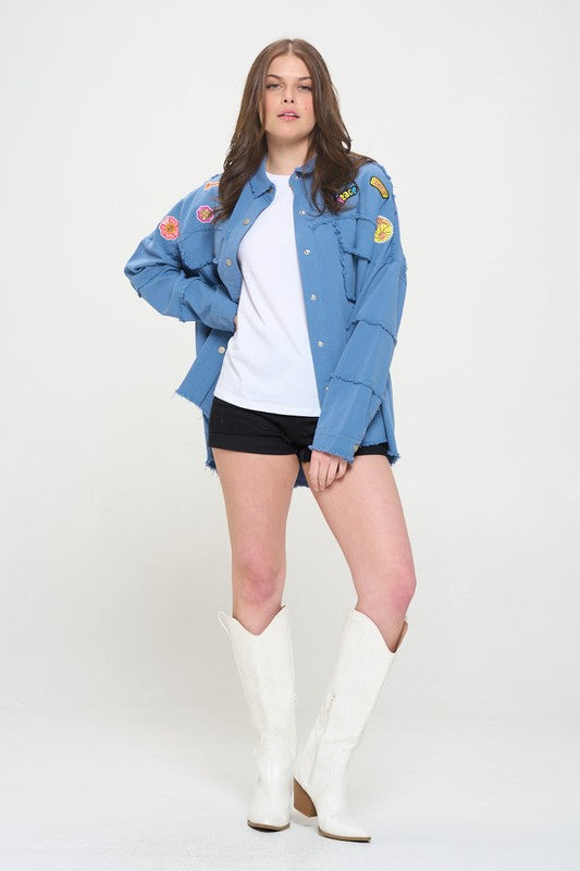 PATCHWORK FRAYED HEM BUTTON DOWN COLLARED TOP- 2 COLORS